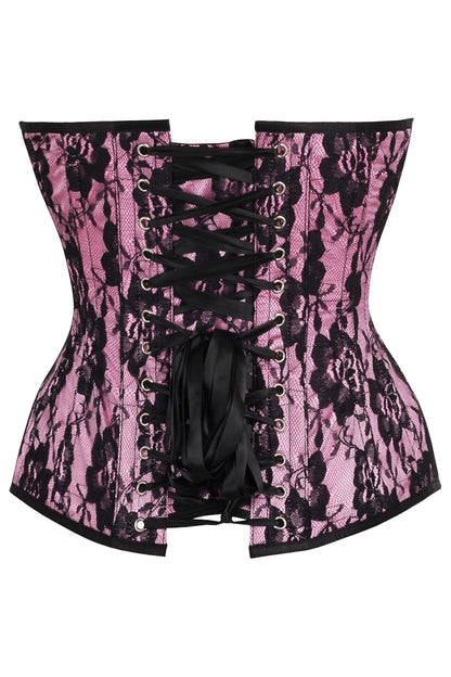 Top Drawer Pink Satin w/Black Lace Overlay Steel Boned Overbust Corset.