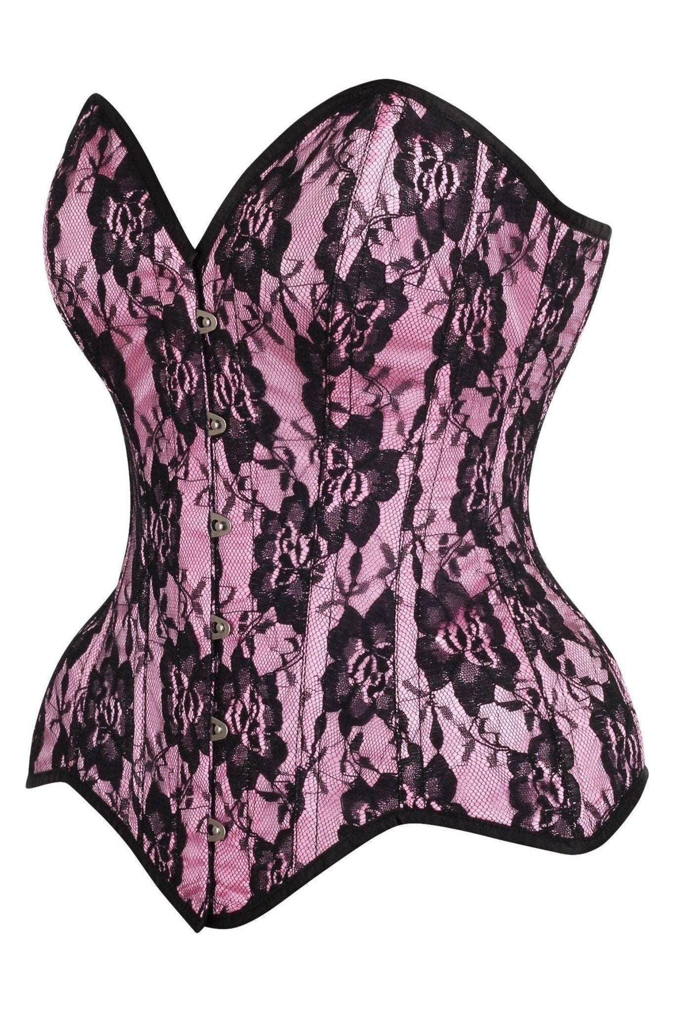 Top Drawer Pink Satin w/Black Lace Overlay Steel Boned Overbust Corset.