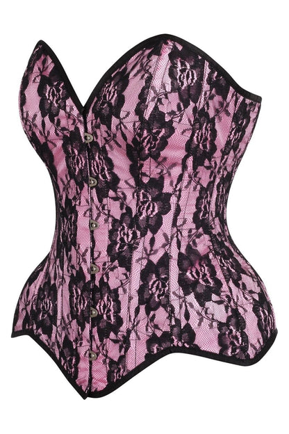 Top Drawer Pink Satin w/Black Lace Overlay Steel Boned Overbust Corset.