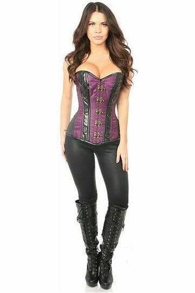 Top Drawer Plum Brocade & Faux Leather Steel Boned Corset