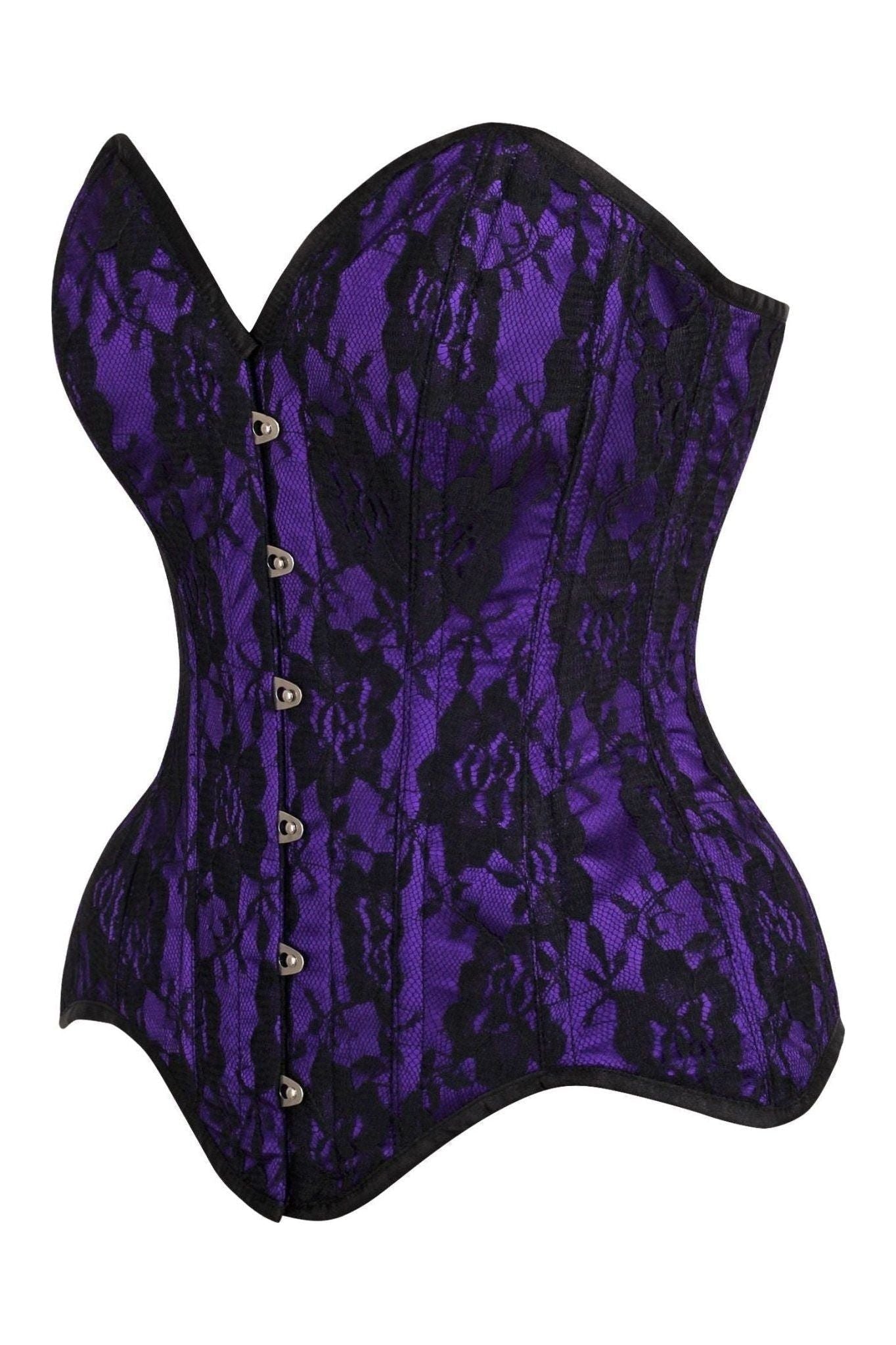 Top Drawer Purple Satin w/Black Lace Overlay Steel Boned Overbust Corset.