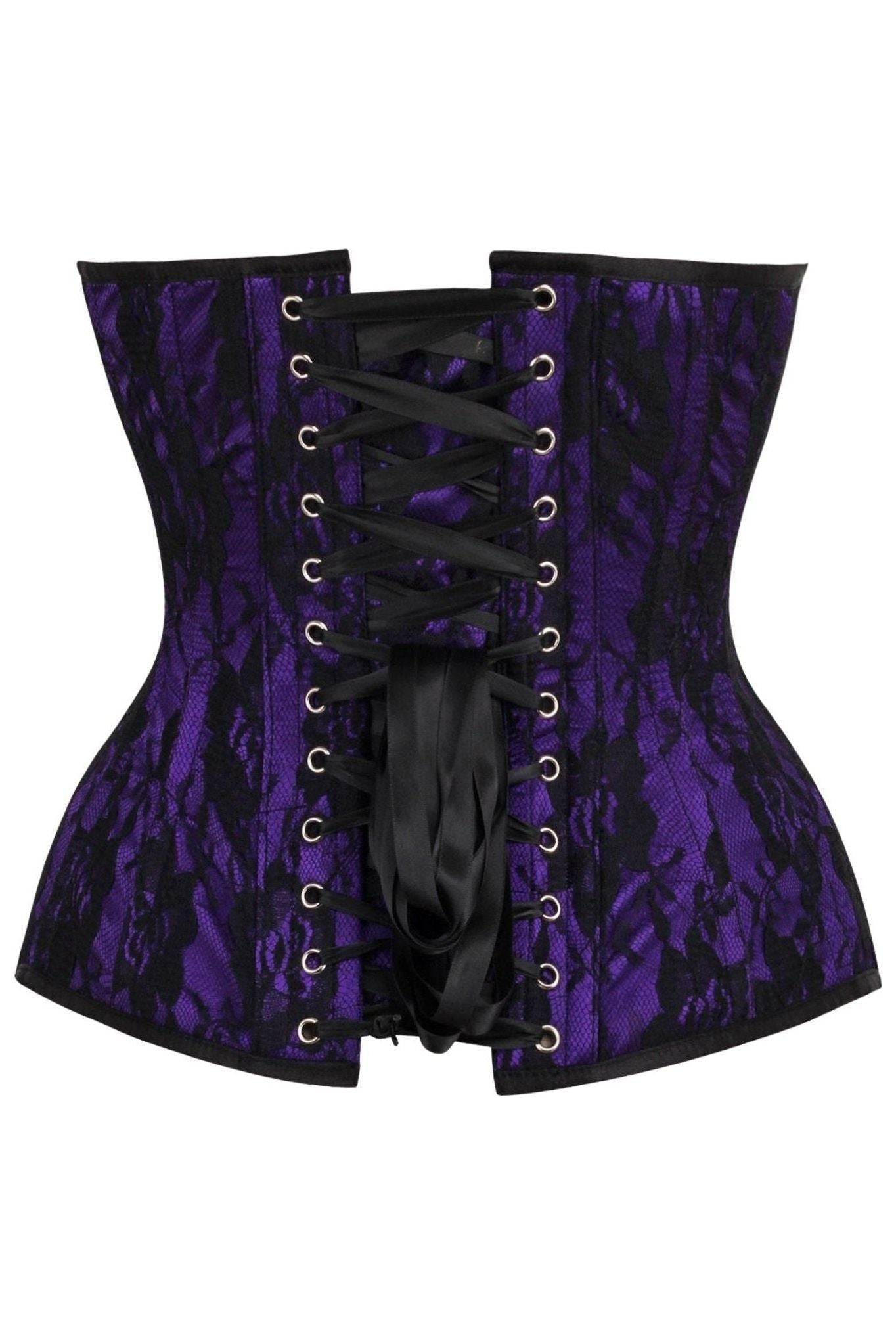 Top Drawer Purple Satin w/Black Lace Overlay Steel Boned Overbust Corset.