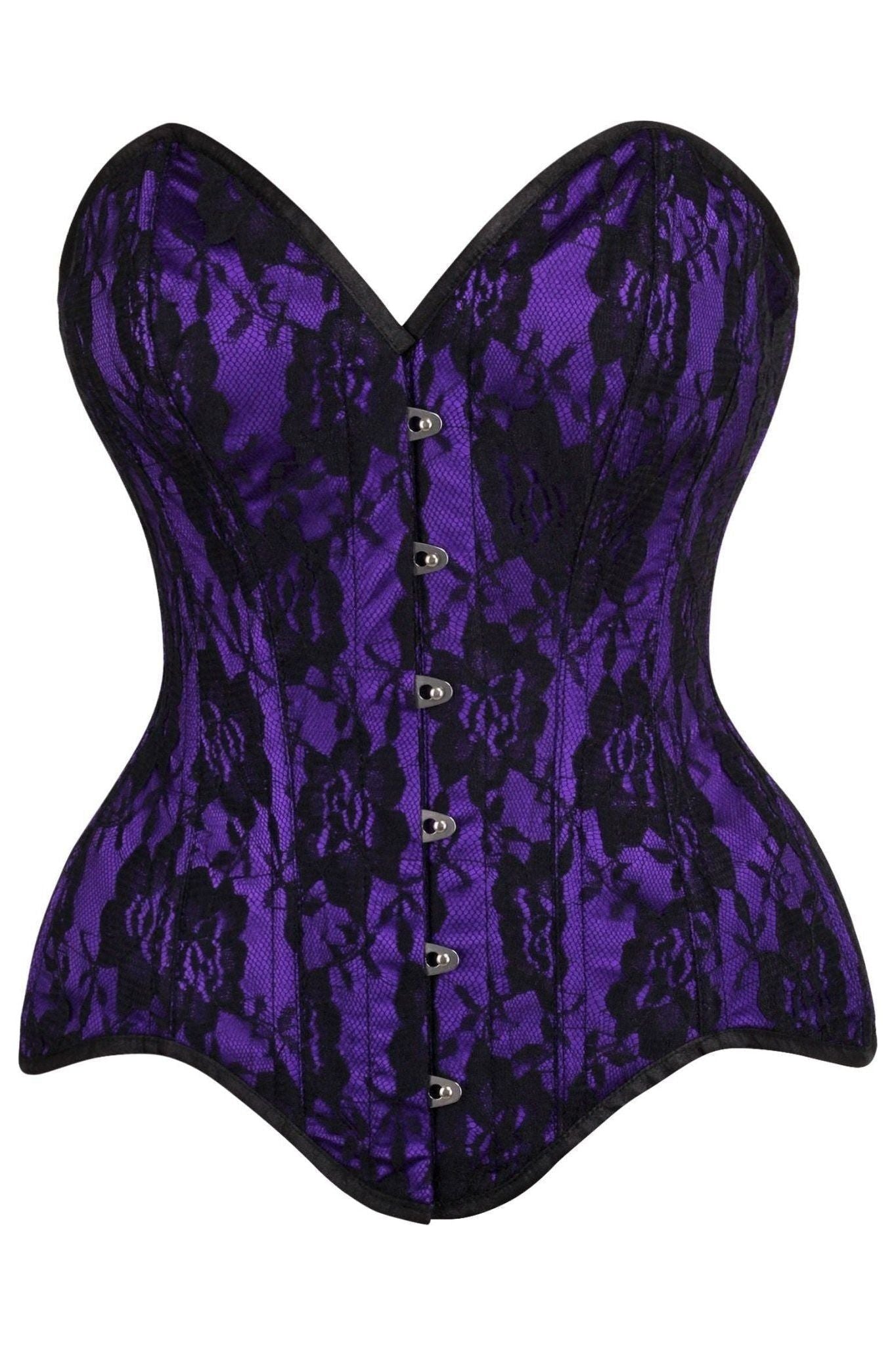 Top Drawer Purple Satin w/Black Lace Overlay Steel Boned Overbust Corset.