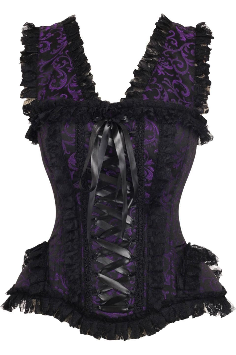 Top Drawer Purple/Black Swirl Brocade & Lace Steel Boned Corset w/Cap Sleeves.