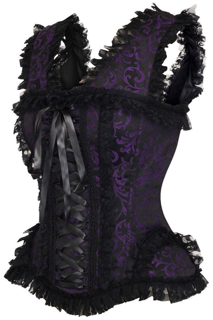 Top Drawer Purple/Black Swirl Brocade & Lace Steel Boned Corset w/Cap Sleeves.