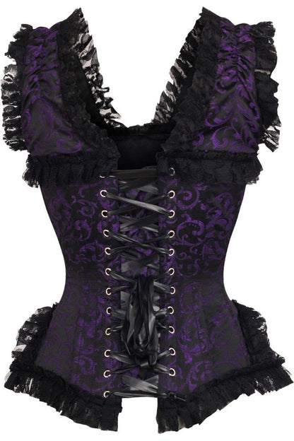 Top Drawer Purple/Black Swirl Brocade & Lace Steel Boned Corset w/Cap Sleeves.