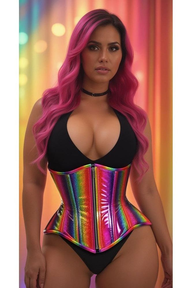 Top Drawer Rainbow Glitter Double Steel Boned Underbust Waist Cincher Corset