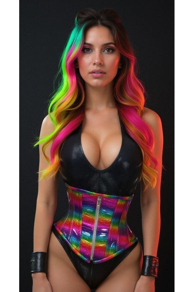 Top Drawer Rainbow Glitter Holo Steel Boned Mid Under Bust Corset