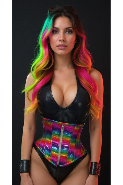 Top Drawer Rainbow Glitter Holo Steel Boned Mid Under Bust Corset