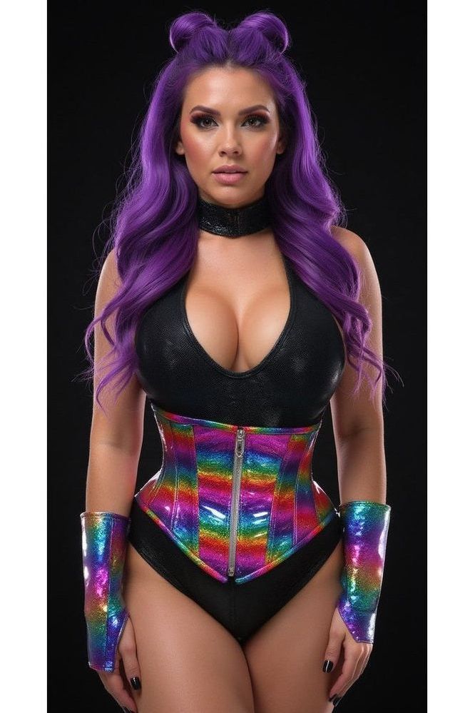 Top Drawer Rainbow Glitter Holo Steel Boned Mid Under Bust Corset