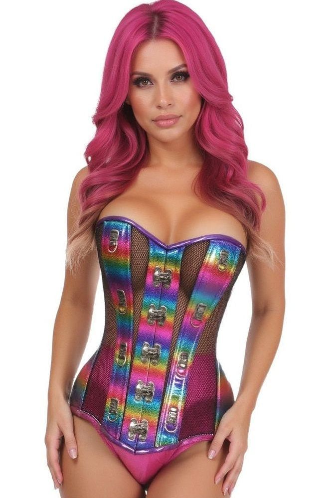 Top Drawer Rainbow Glitter PVC & Black Fishnet Steel Boned Over Bust Corset
