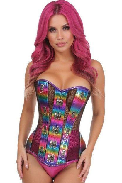Top Drawer Rainbow Glitter PVC & Black Fishnet Steel Boned Over Bust Corset