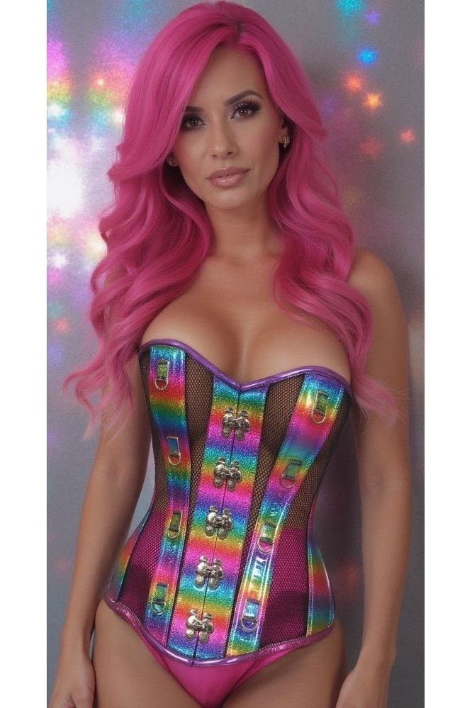 Top Drawer Rainbow Glitter PVC & Black Fishnet Steel Boned Over Bust Corset