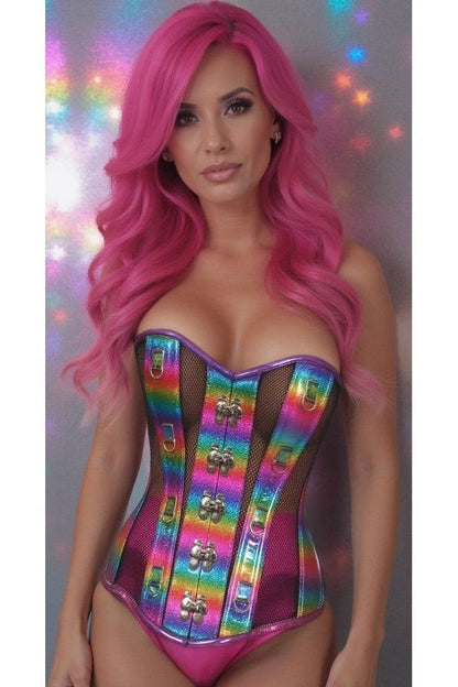 Top Drawer Rainbow Glitter PVC & Black Fishnet Steel Boned Over Bust Corset