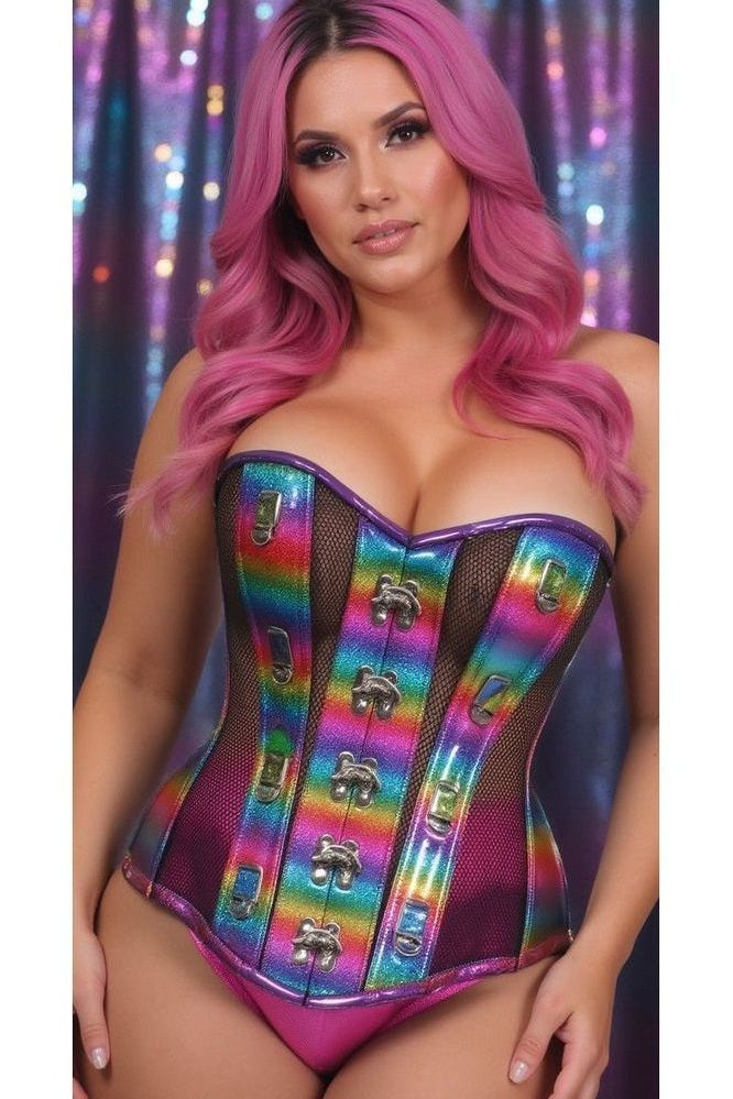 Top Drawer Rainbow Glitter PVC & Black Fishnet Steel Boned Over Bust Corset