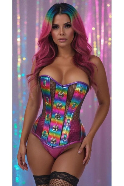 Top Drawer Rainbow Glitter PVC & Black Fishnet Steel Boned Over Bust Corset