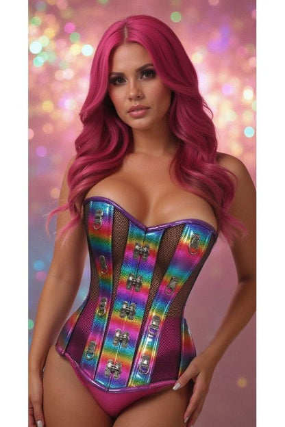 Top Drawer Rainbow Glitter PVC & Black Fishnet Steel Boned Over Bust Corset