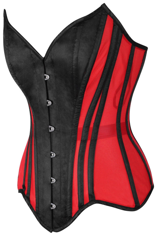 Top Drawer Red Mesh & Black Satin Steel Boned Overbust Corset.