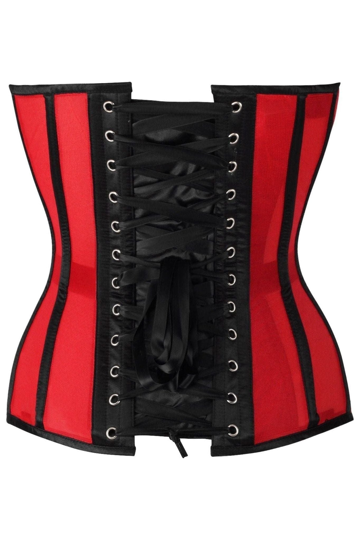 Top Drawer Red Mesh & Black Satin Steel Boned Overbust Corset.