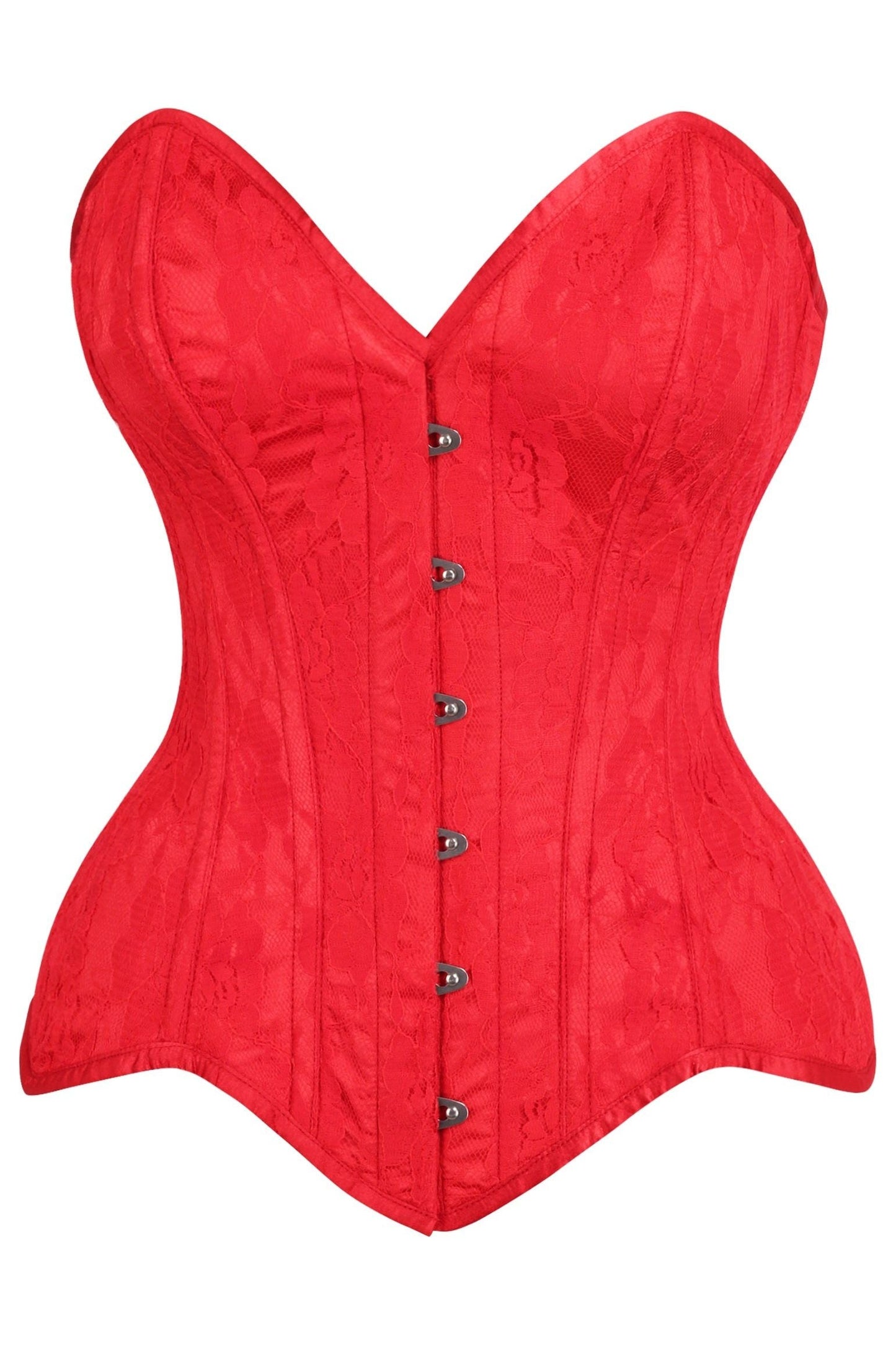 Top Drawer Red Satin w/Red Lace Overlay Steel Boned Overbust Corset.