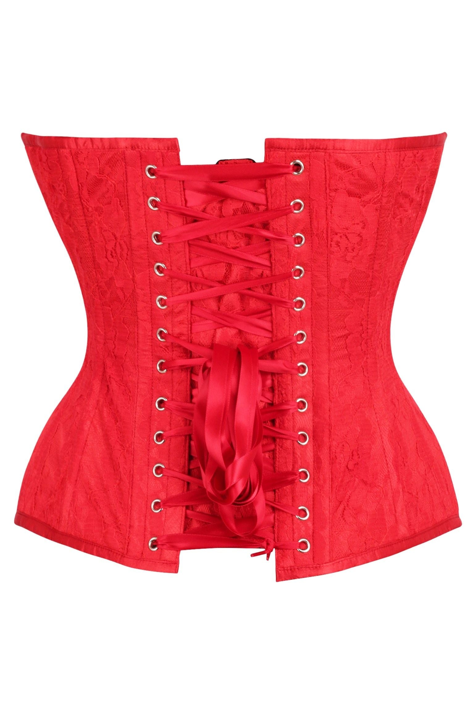 Top Drawer Red Satin w/Red Lace Overlay Steel Boned Overbust Corset.