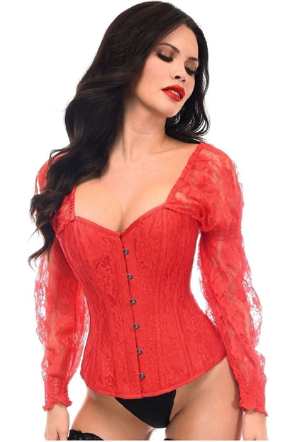 Top Drawer Red w/Red Lace Steel Boned Long Sleeve Corset.
