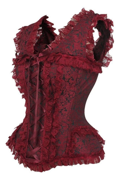 Top Drawer Red/Black Brocade & Lace Steel Boned Corset w/Cap Sleeves