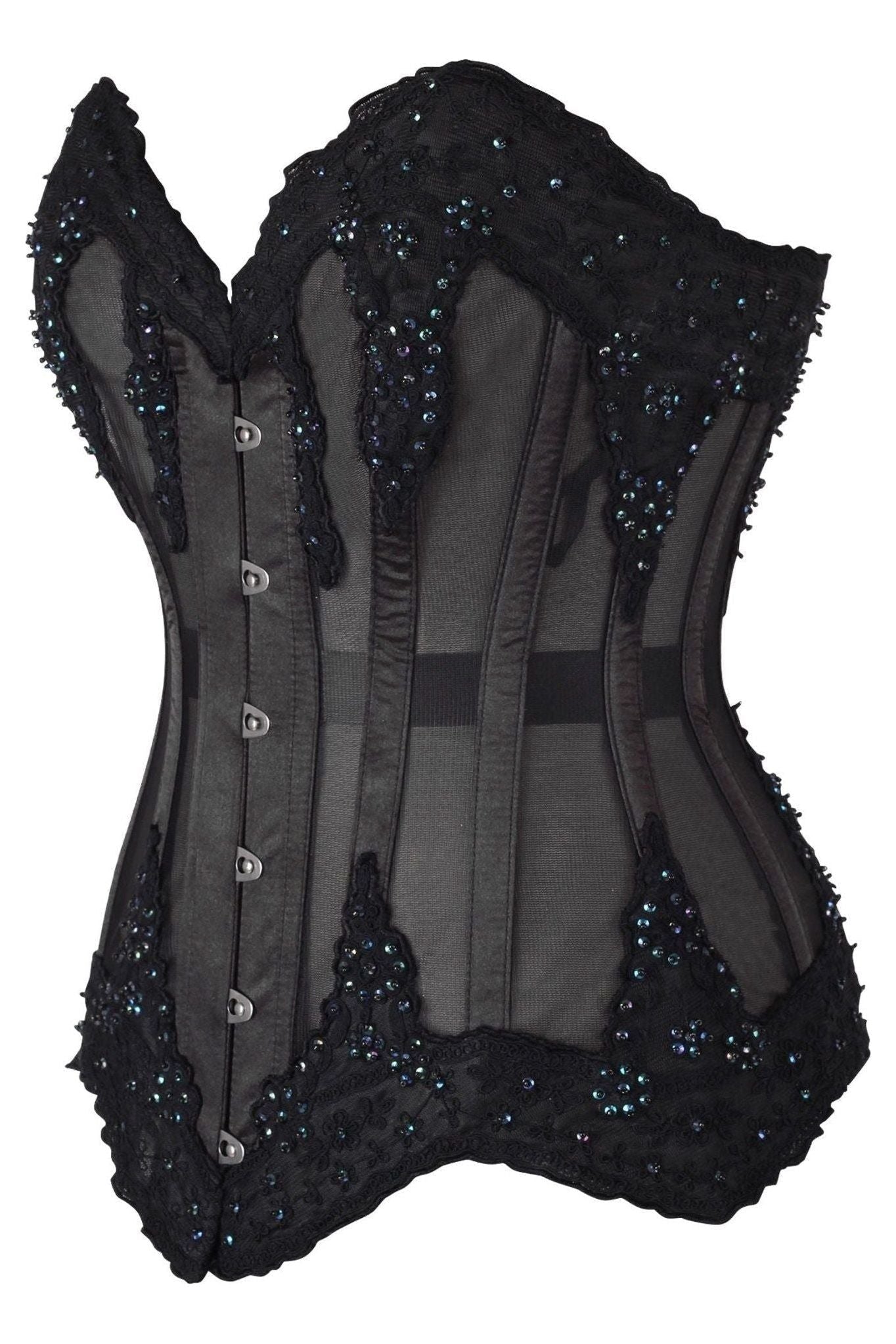 Top Drawer Sheer Black Mesh & Beaded Steel Boned Overbust Corset.