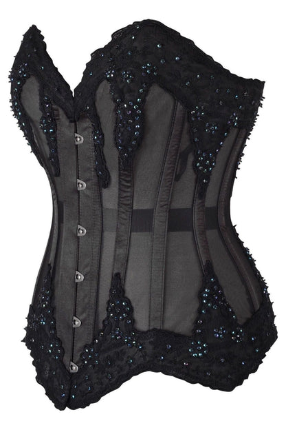 Top Drawer Sheer Black Mesh & Beaded Steel Boned Overbust Corset.