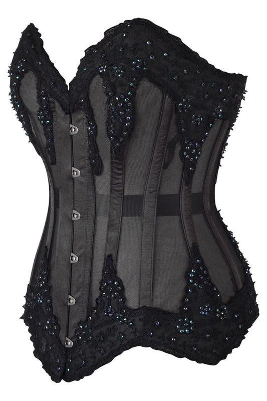 Top Drawer Sheer Black Mesh & Beaded Steel Boned Overbust Corset.