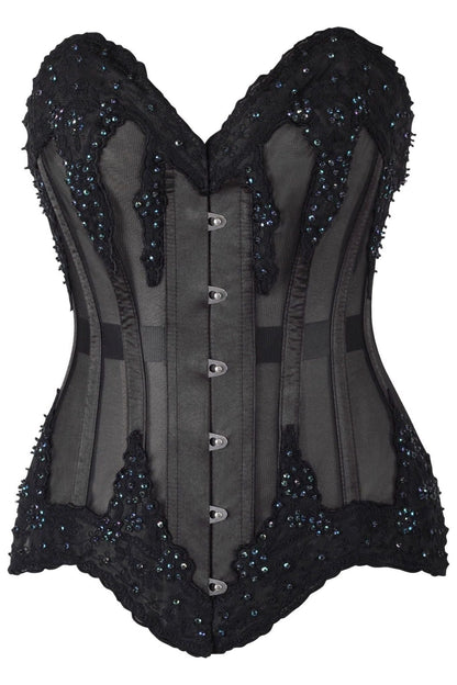 Top Drawer Sheer Black Mesh & Beaded Steel Boned Overbust Corset.