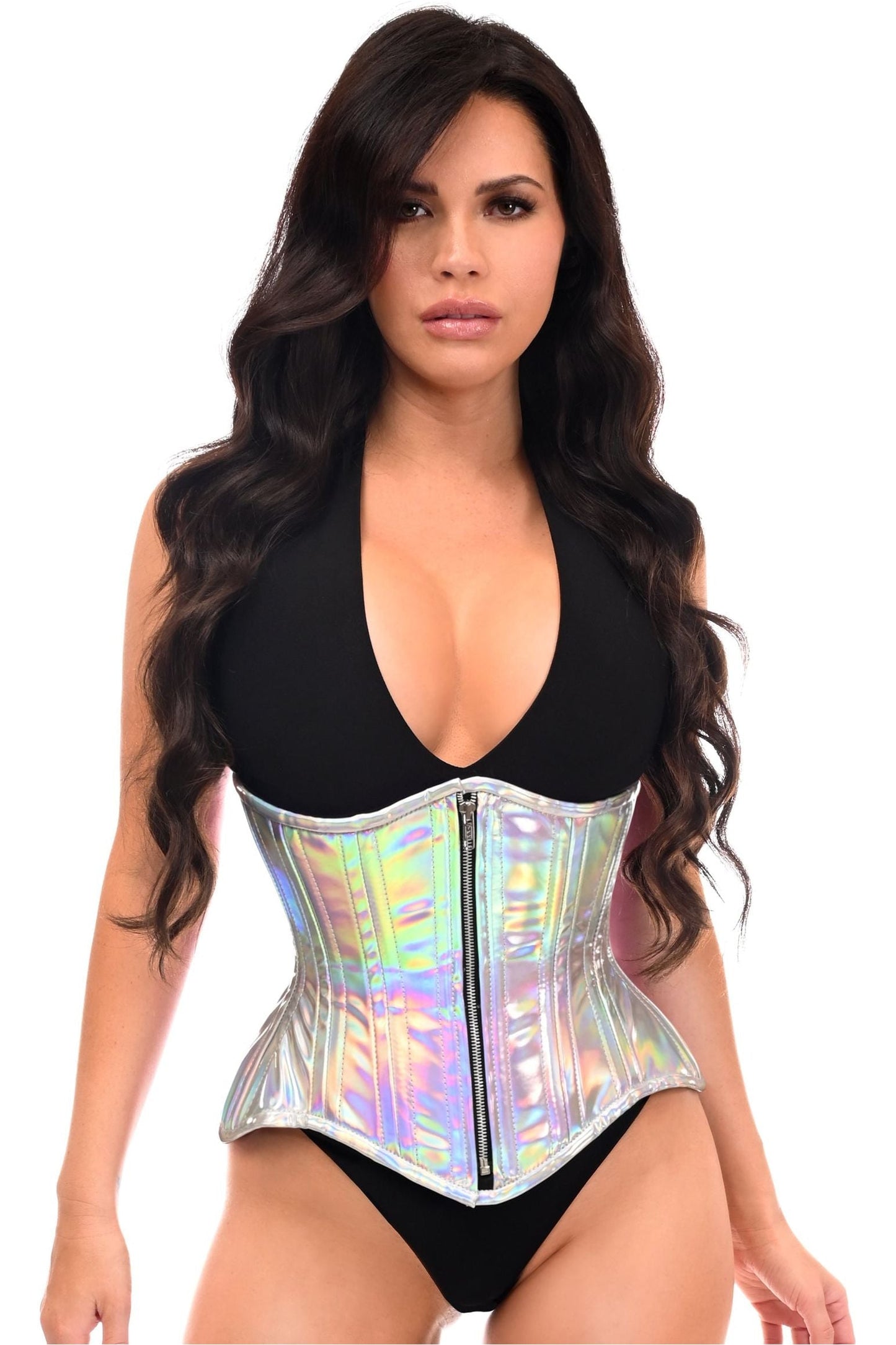 Top Drawer Silver Holo Double Steel Boned Underbust Waist Cincher Corset.