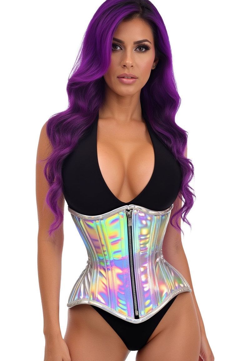 Top Drawer Silver Holo Double Steel Boned Underbust Waist Cincher Corset
