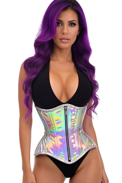 Top Drawer Silver Holo Double Steel Boned Underbust Waist Cincher Corset