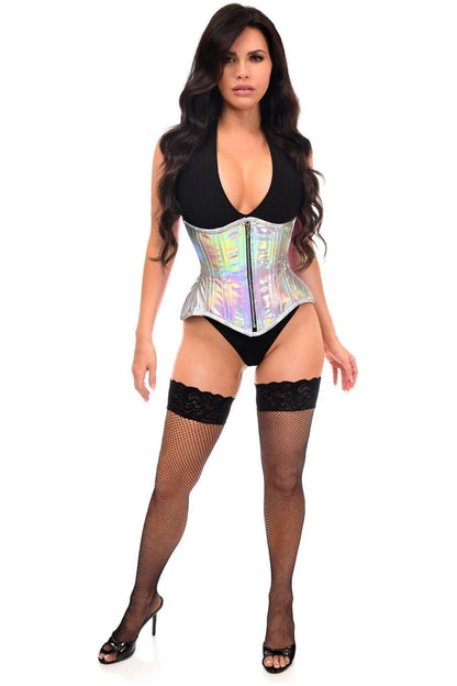 Top Drawer Silver Holo Double Steel Boned Underbust Waist Cincher Corset.