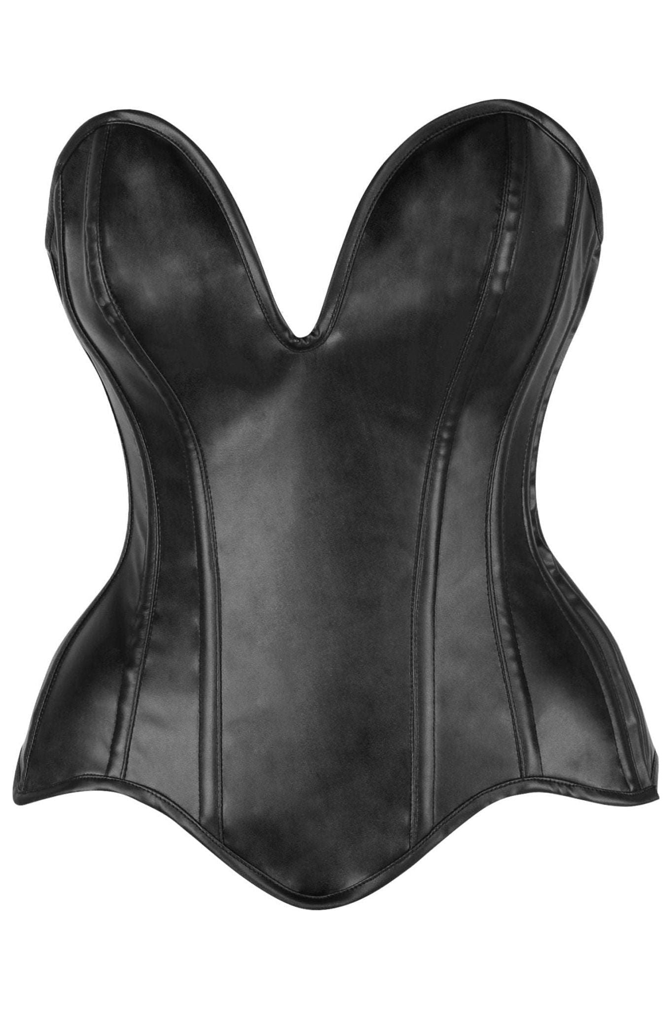 Top Drawer Steel Boned Black Faux Leather Plunge Neckline Overbust Corset.