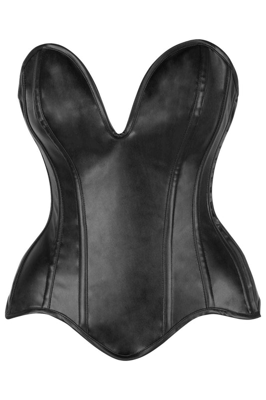 Top Drawer Steel Boned Black Faux Leather Plunge Neckline Overbust Corset.