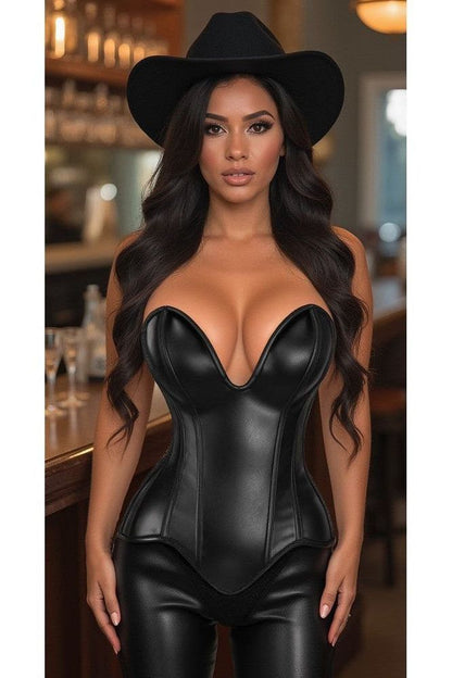 Top Drawer Steel Boned Black Faux Leather Plunge Neckline Overbust Corset