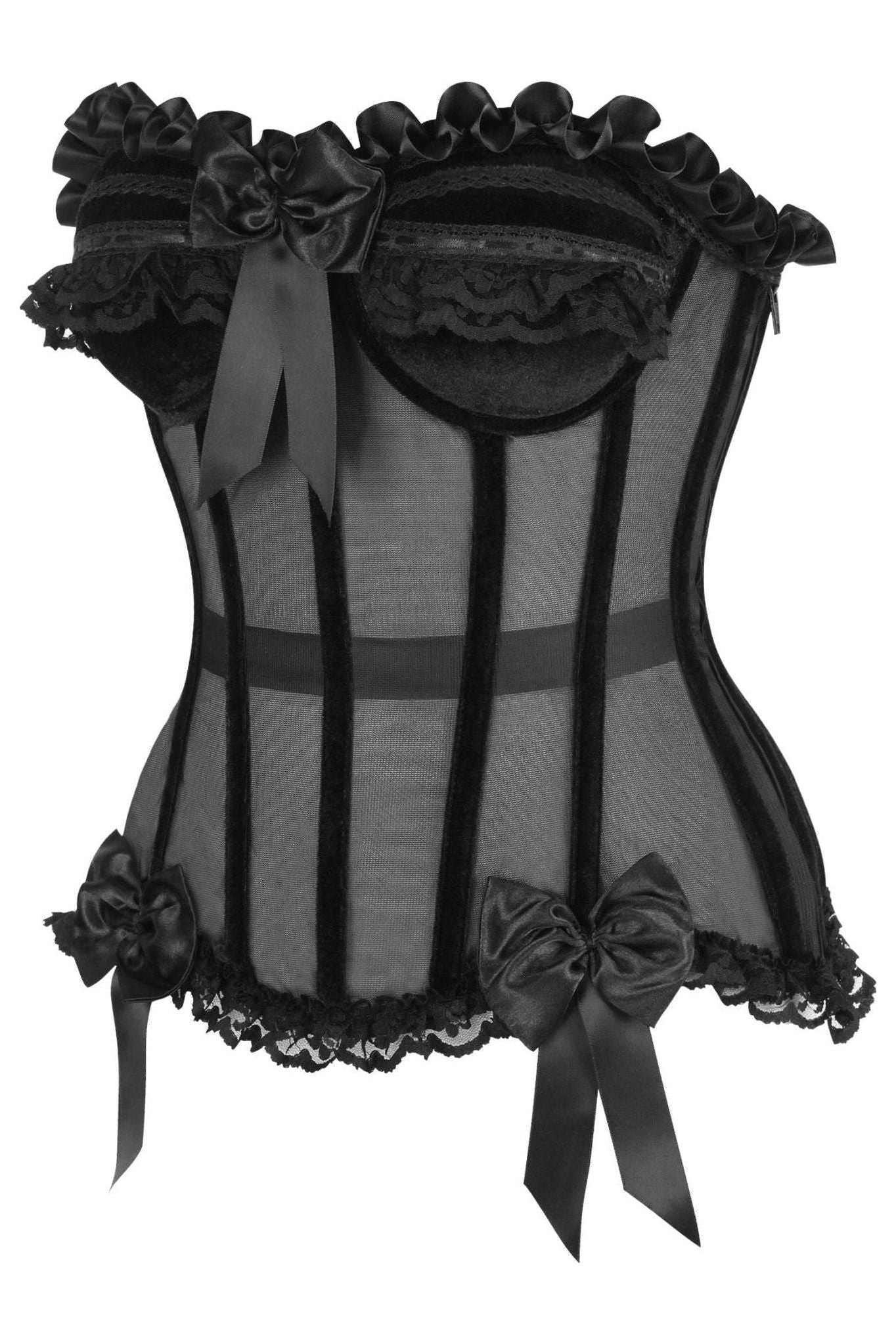 Top Drawer Steel Boned Black Mesh & Velvet Underwire Bustier Corset.