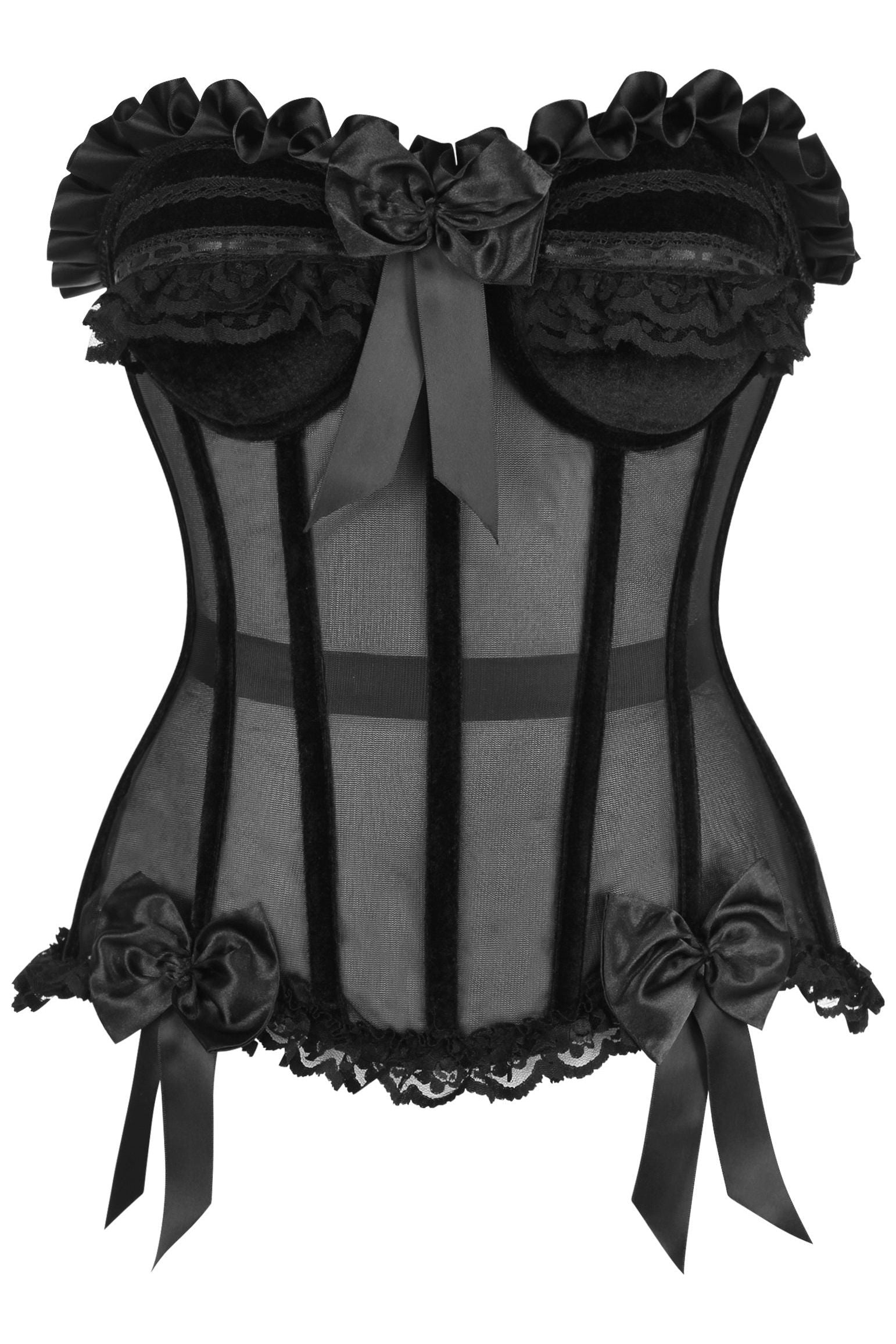 Top Drawer Steel Boned Black Mesh & Velvet Underwire Bustier Corset.