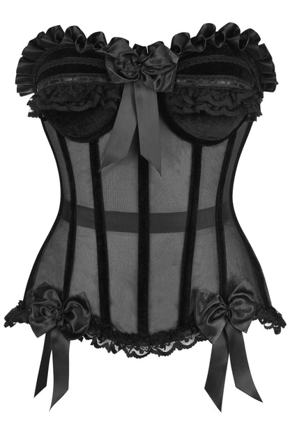 Top Drawer Steel Boned Black Mesh & Velvet Underwire Bustier Corset.