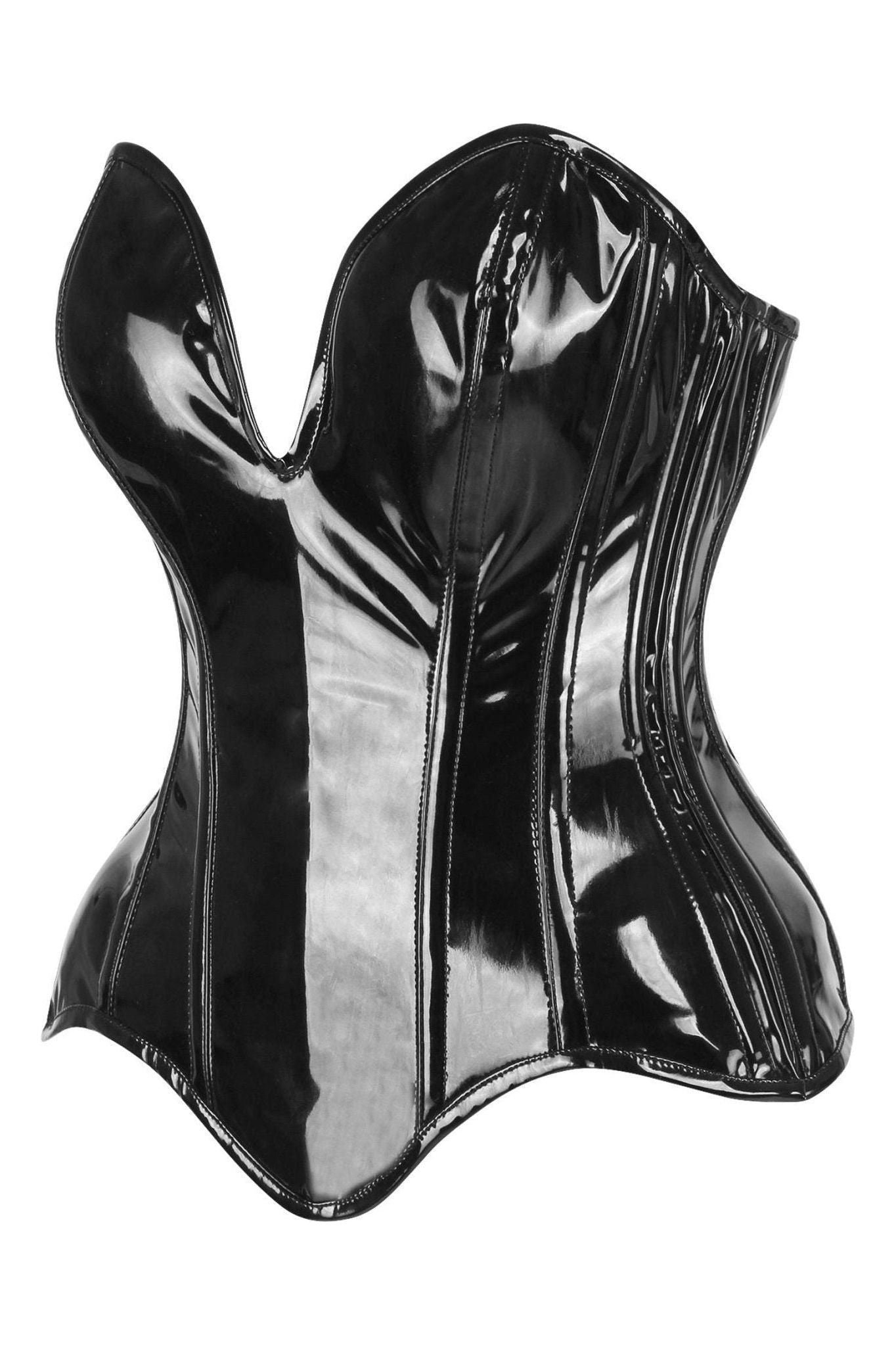 Top Drawer Steel Boned Black Patent Plunge Neckline Overbust Corset.