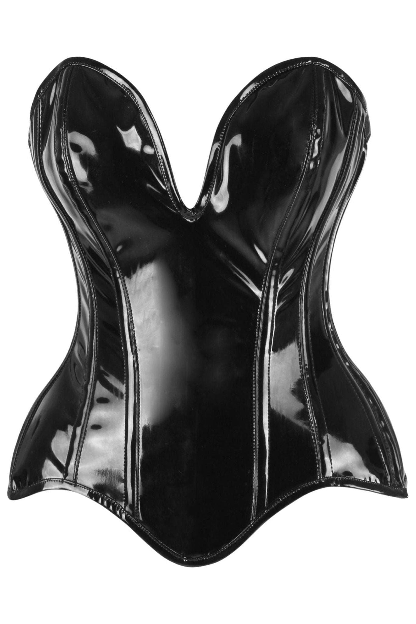 Top Drawer Steel Boned Black Patent Plunge Neckline Overbust Corset.