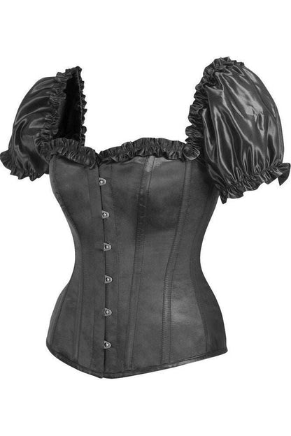 Top Drawer Steel Boned Black Satin Overbust Corset w/Sleeves