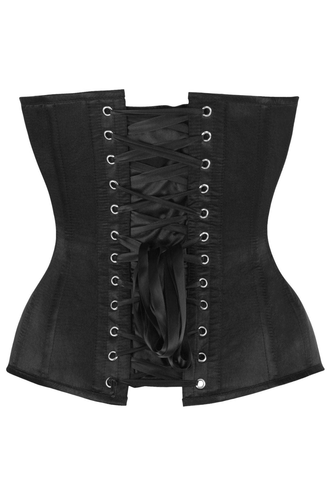 Top Drawer Steel Boned Black Satin Plunge Neckline Overbust Corset.