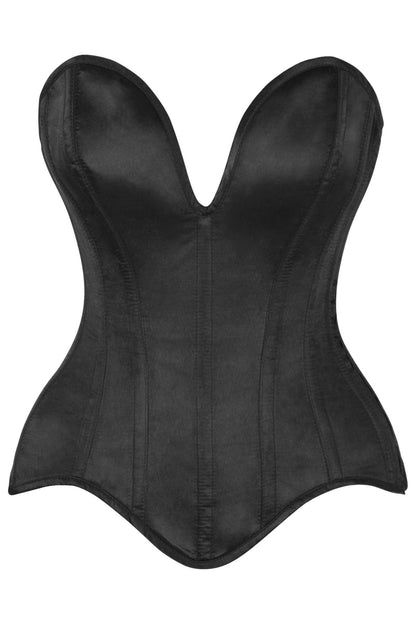 Top Drawer Steel Boned Black Satin Plunge Neckline Overbust Corset.