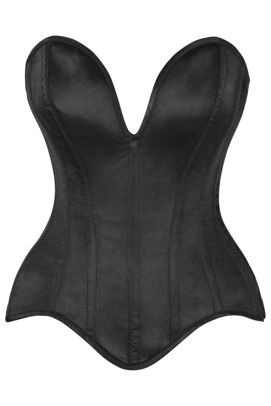 Top Drawer Steel Boned Black Satin Plunge Neckline Overbust Corset.