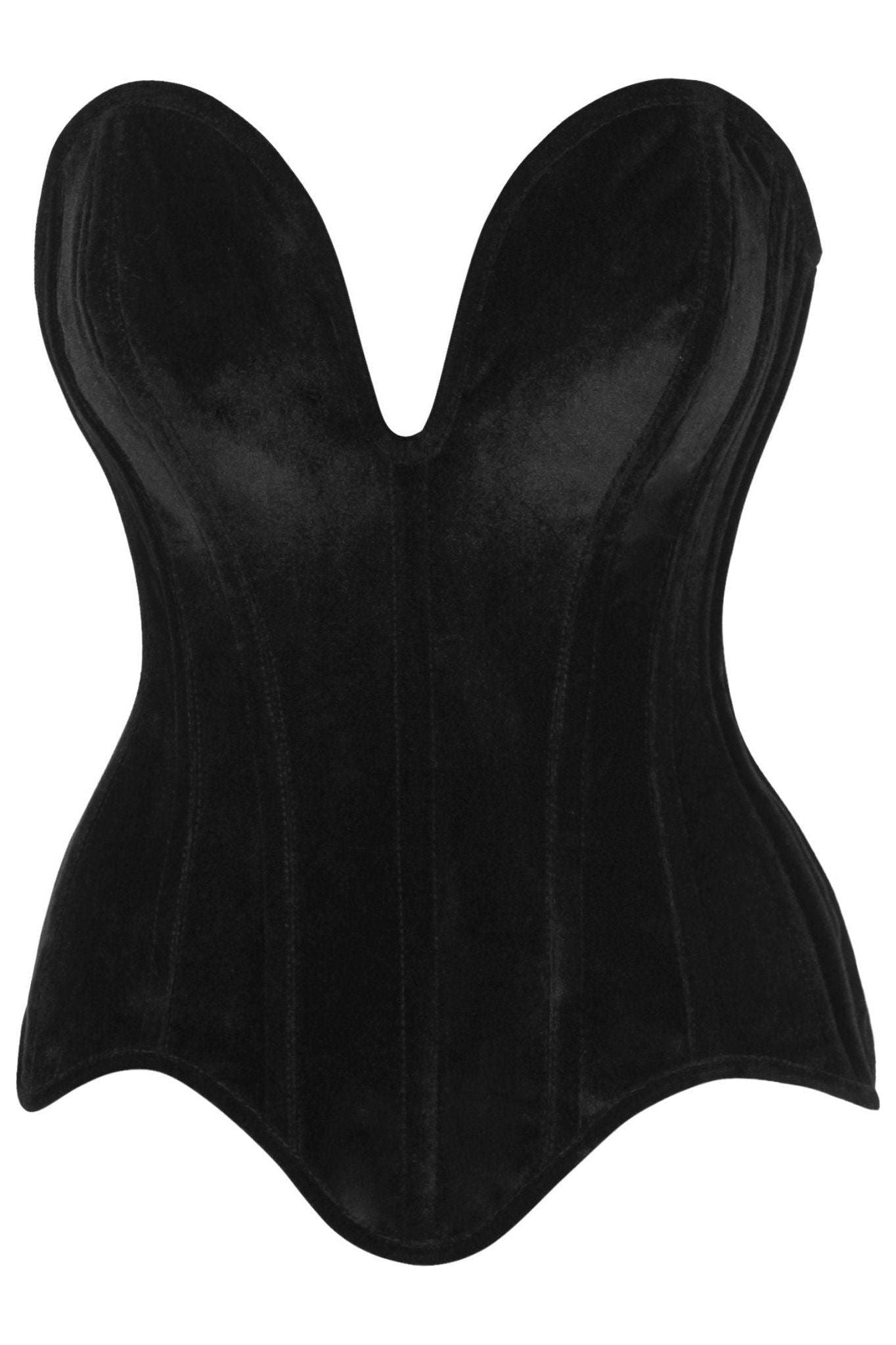 Top Drawer Steel Boned Black Velvet Plunge Neckline Overbust Corset.