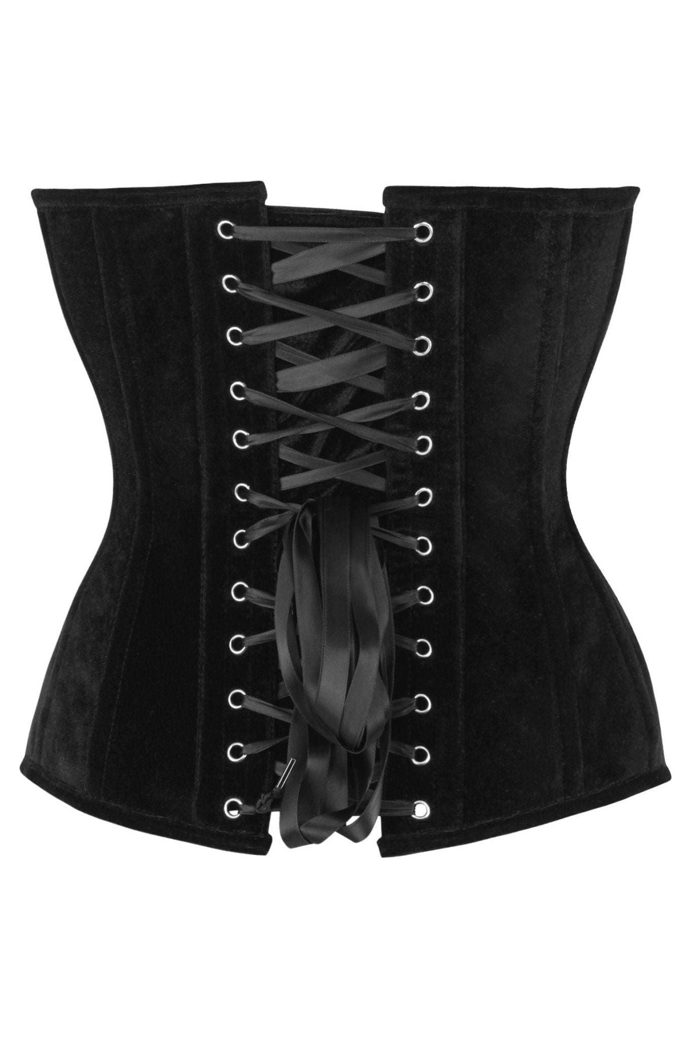Top Drawer Steel Boned Black Velvet Plunge Neckline Overbust Corset.