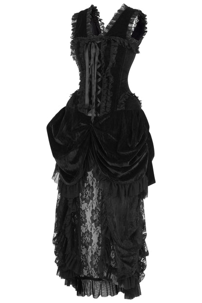 Top Drawer Steel Boned Black Velvet Victorian Bustle Corset Dress.